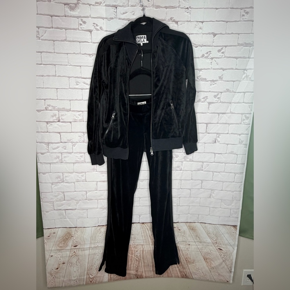 Pam & Gela Black Velour Tracksuit Set Size S | Y2K Athleisure Luxe Streetwear